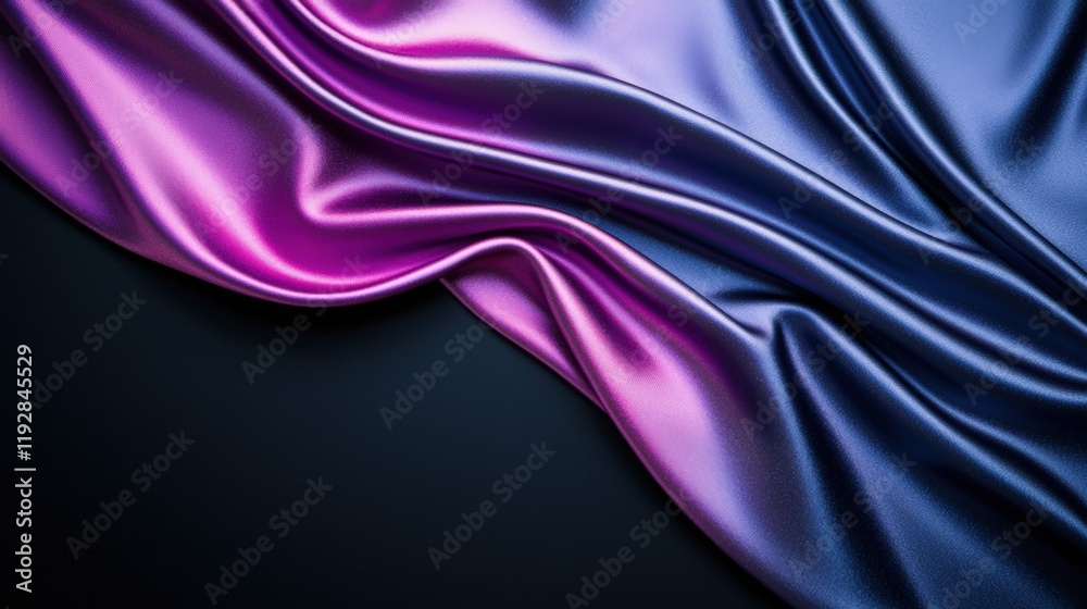Obraz premium Black background wallpaper gradient and sophisticated, A close-up of luxurious, flowing silk fabric in shades of purple and pink, creating a smooth, elegant texture against a dark background.