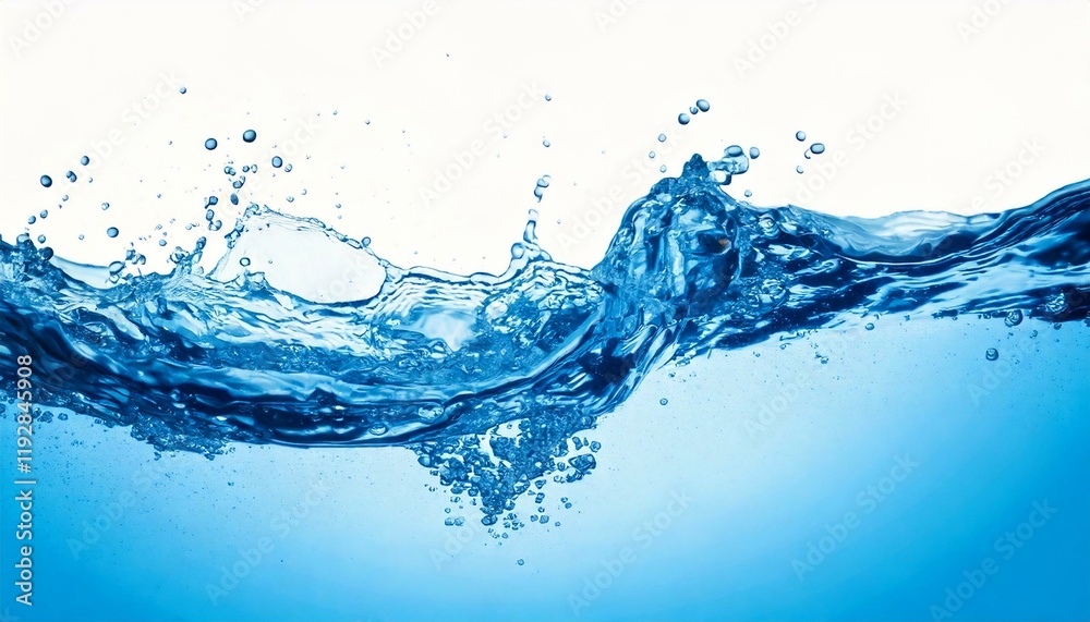 Blue water splashes, dynamic wave motion, droplets scatter across smooth surface, vibrant contrast with white background, refreshing energy, liquid movement, clear drops, fluid motion, wet splash, dyn Blue water splashes, dynamic wave motion, droplets scatter across smooth surface, vibrant contrast with white background, refreshing energy, liquid movement, clear drops, fluid motion, wet splash, dyn