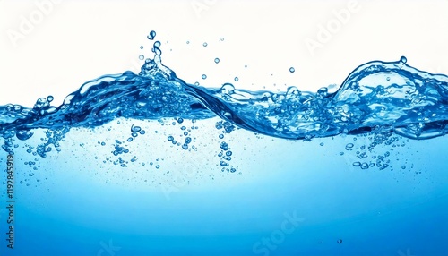 Blue water splashes, dynamic wave motion, droplets scatter across smooth surface, vibrant contrast with white background, refreshing energy, liquid movement, clear drops, fluid motion, wet splash, dyn photo