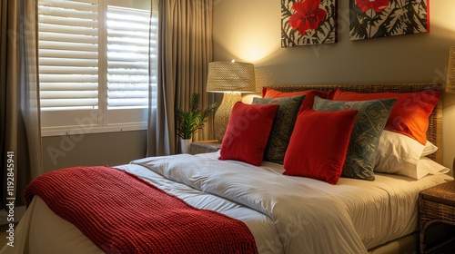 a contemporary bedroom featuring a comfortable double bed, stylish wicker lamps, and vibrant red pillows