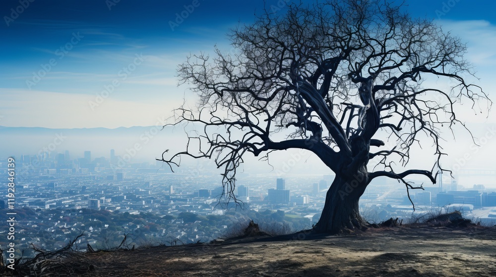Lonely tree silhouetted against a hazy cityscape at dusk. Generative AI Lonely tree silhouetted against a hazy cityscape at dusk. Generative AI