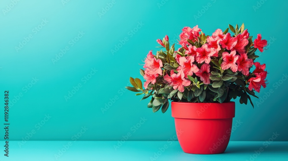 Blooming Pink Azalea Plant in a Red Pot Against Teal Blooming Pink Azalea Plant in a Red Pot Against Teal