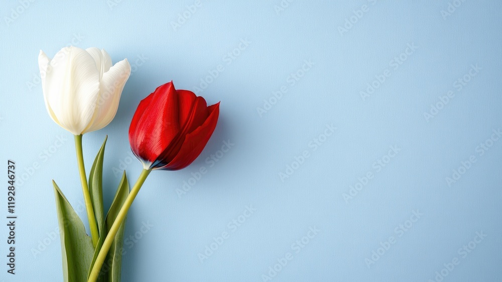 Two tulips, one red, white, against light blue background Two tulips, one red, white, against light blue background