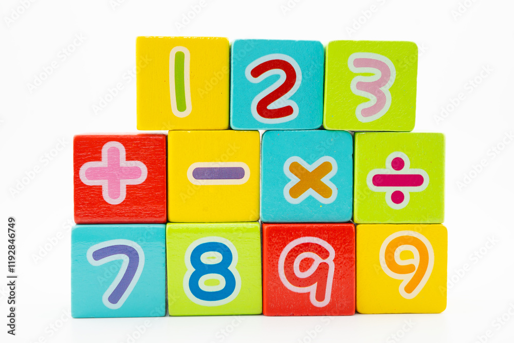 Fototapeta premium Number wood block cubes for learning Mathematic, education math.
