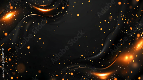 Abstract background in glossy black with scattered glowing orange particles and reflective titanium metallic highlights, clean and striking photo