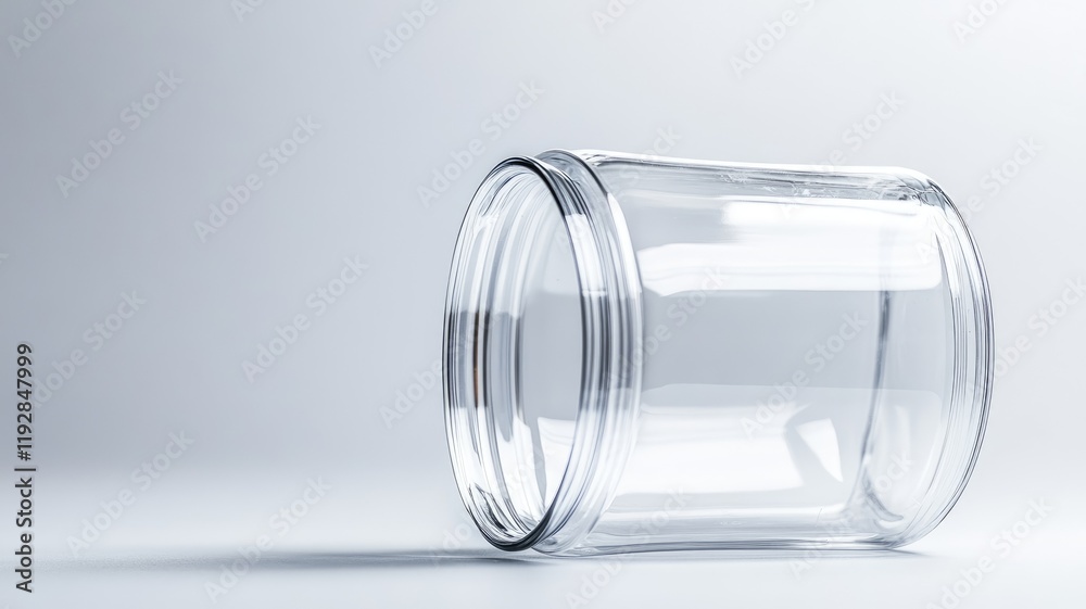 Clear empty glass jar tilted sideways on white surface Clear empty glass jar tilted sideways on white surface