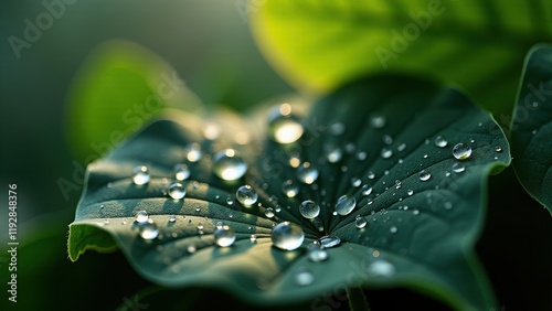 Dewy Spider Web Among Lush Green Leaves in Morning Sunlight

