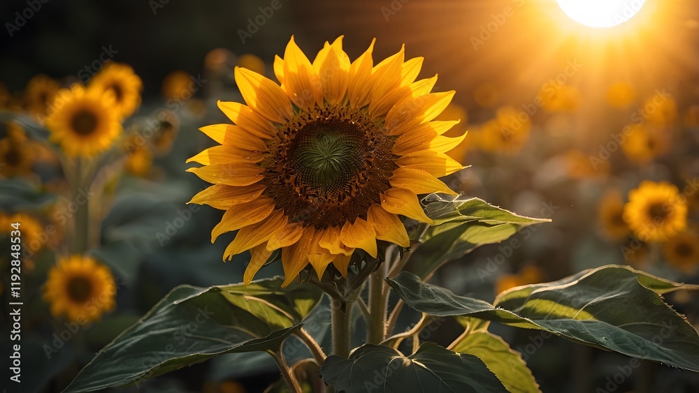 Fototapeta premium Sunflower Field at Sunset With Vibrant Flowers and Golden Light Illuminating Nature's Beauty