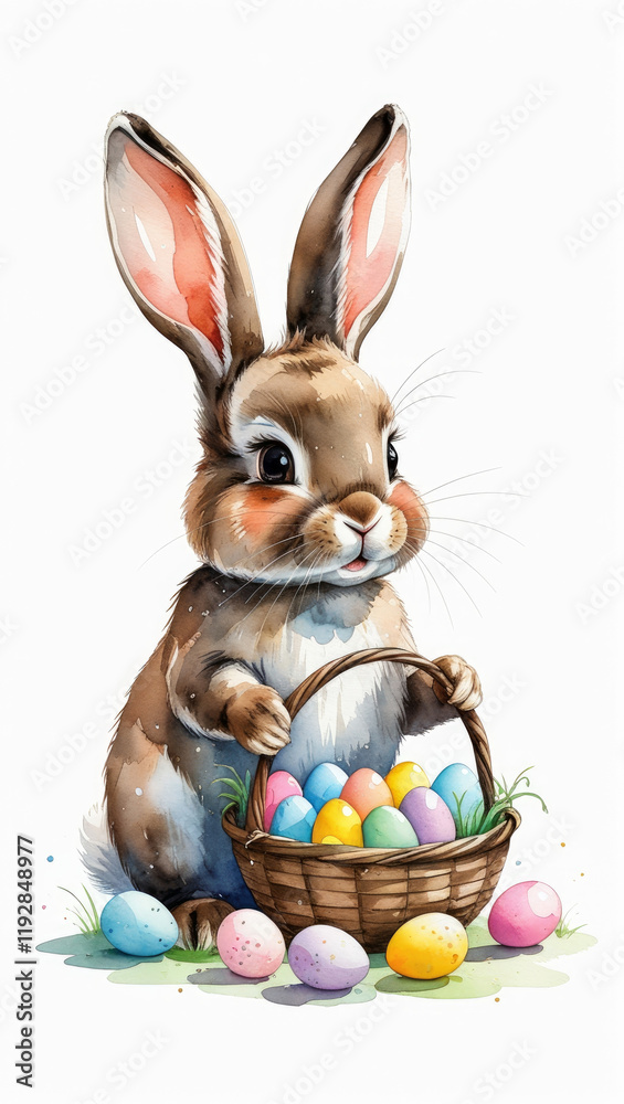 Obraz premium Watercolor Easter bunny with colorful eggs on white background. AI generated