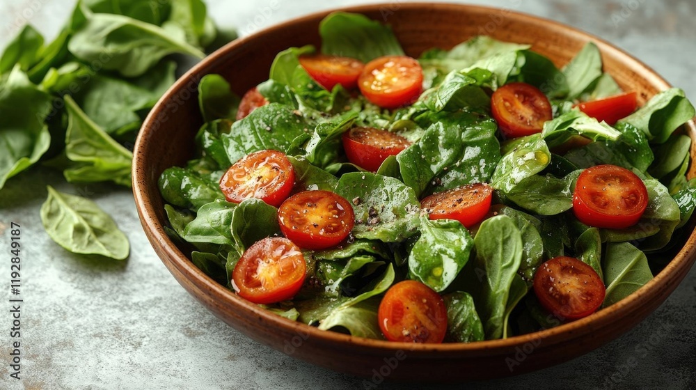 Fresh Spinach and Cherry Tomato Salad in a Wooden Bowl Fresh Spinach and Cherry Tomato Salad in a Wooden Bowl