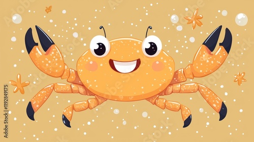 Cheerful cartoon crab smiling against a sandy background with bubbles and starfish, ideal for children's themes photo