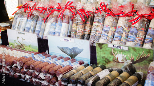 Canvastavla different types of norway sausage from reindeer, whale, moose