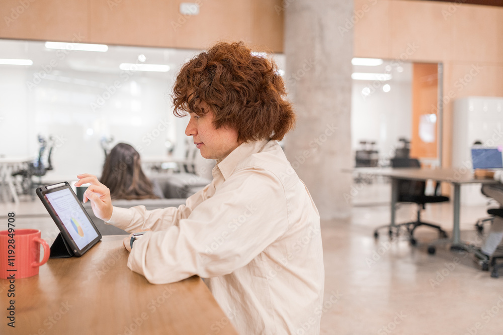 Modern coworking space with tablet user and teamwork interaction Modern coworking space with tablet user and teamwork interaction