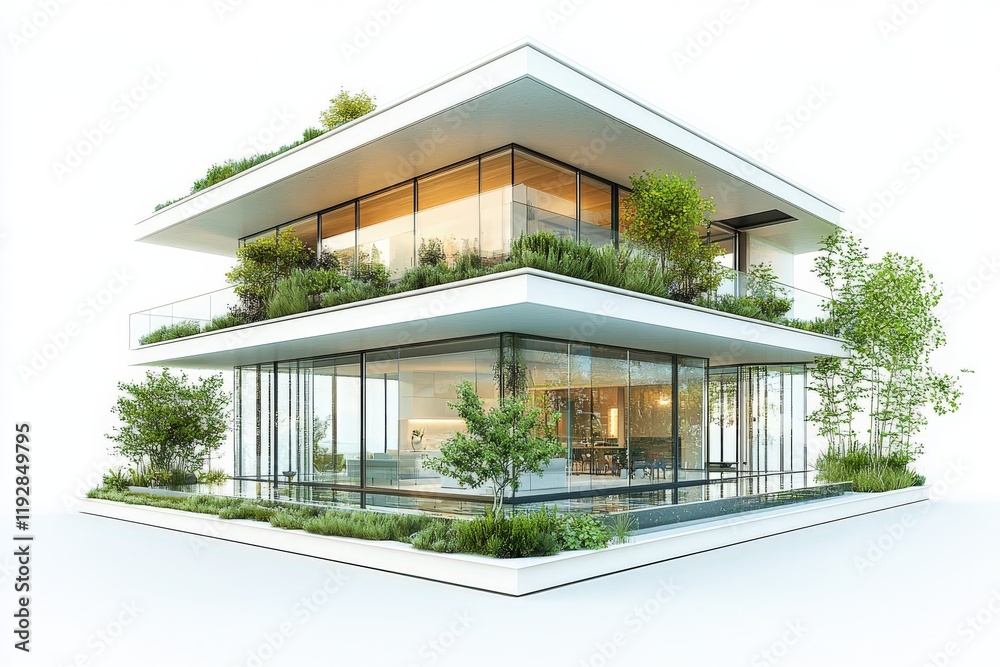 Fototapeta premium A modern, multi-level house featuring extensive greenery, large glass windows, and sleek architectural lines, blending nature with contemporary design.