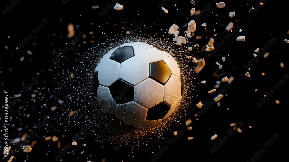 Naklejka premium Soccer Ball Explodes: Action, Impact, Debris, Energy, Speed, Power, Force, Motion