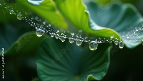 Dewy Spider Web Among Lush Green Leaves in Morning Sunlight

