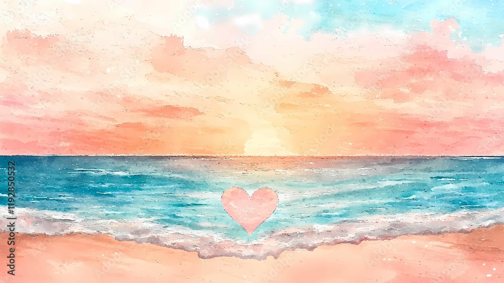 watercolor painting of a beach sunset with a heart in the foreground. watercolor painting of a beach sunset with a heart in the foreground.