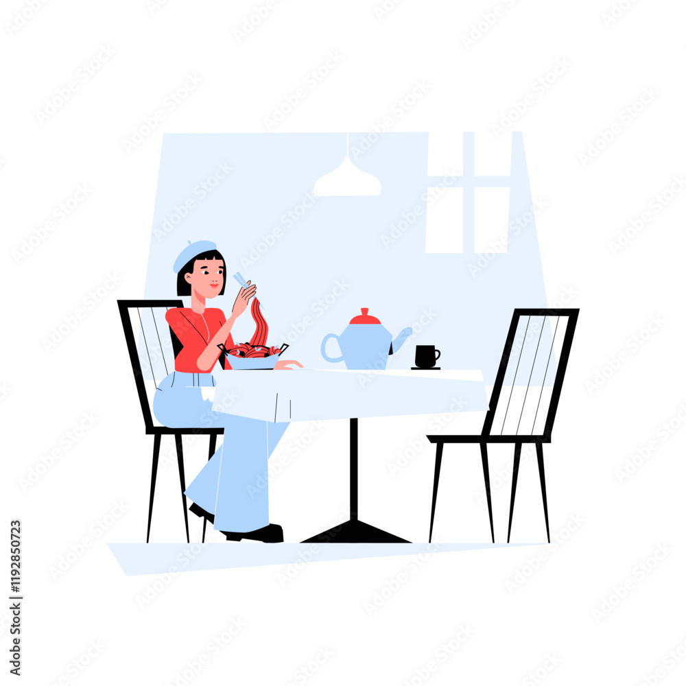 Fototapeta premium Woman Eating Sushi At A Table With Teapot And Cup In Flat Vector Illustration Symbolizing Dining, Japanese Cuisine, And Relaxation, Isolated On White Background