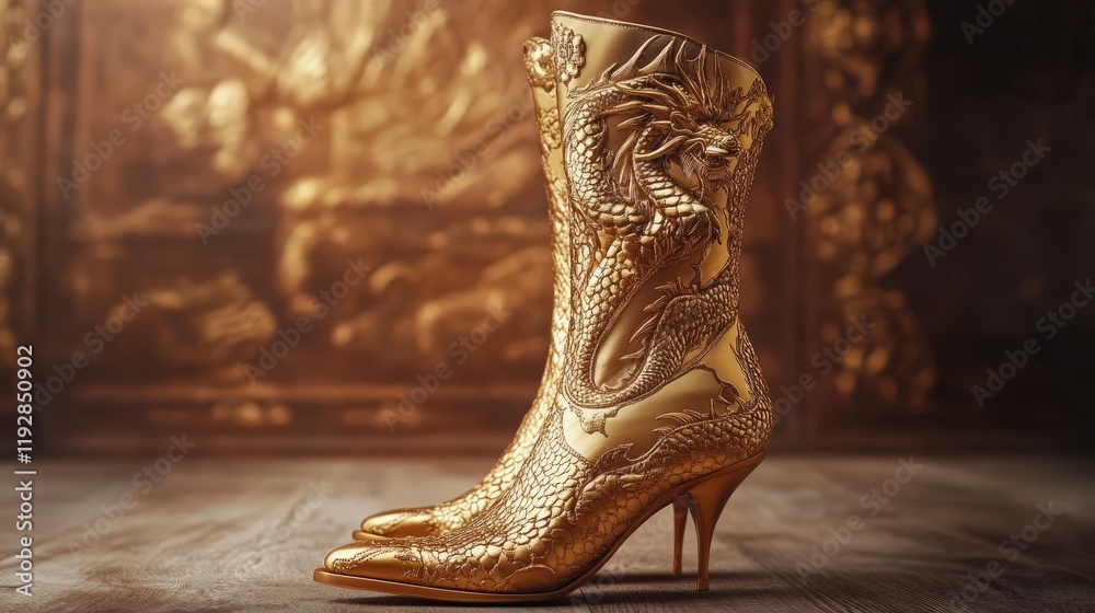 Fototapeta premium Golden Dragon Embroidered High Heels Boots