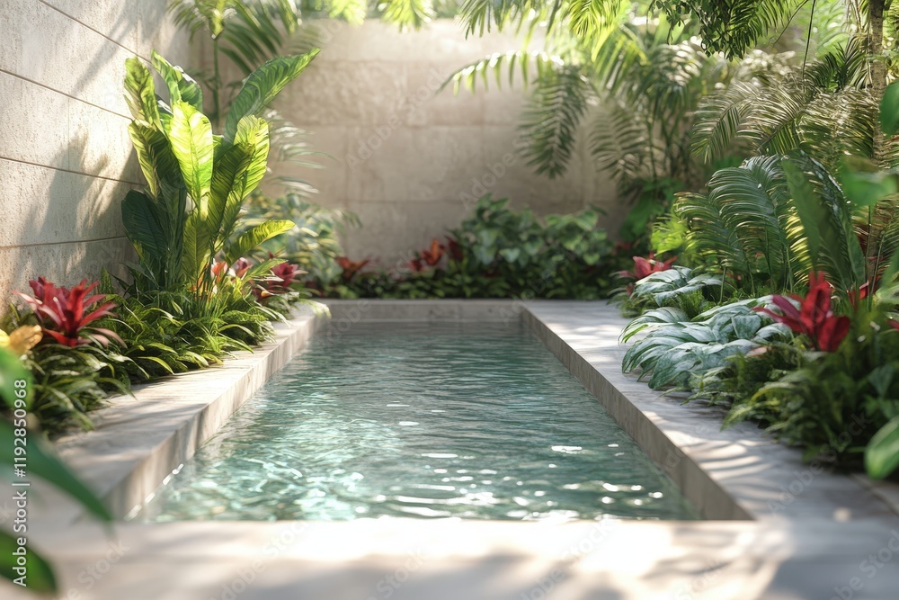 A serene, tropical garden featuring a clear pool surrounded by lush greenery and vibrant flowers, creating a tranquil retreat. A serene, tropical garden featuring a clear pool surrounded by lush greenery and vibrant flowers, creating a tranquil retreat.