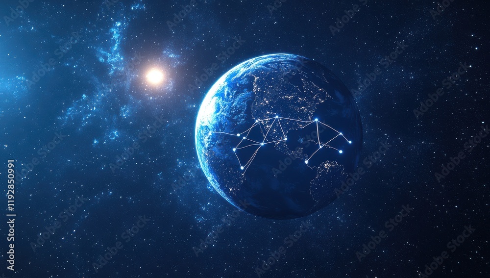 Obraz premium Beautiful view of Earth at night with illuminated cities and a starry background, showcasing a network of connections highlighting global communication and technology advancements.