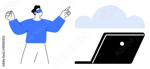 Person wearing a VR headset gestures beside a laptop and cloud. Ideal for technology, innovation, virtual reality, cloud computing, digital transformation, remote work, futuristic concepts. Abstract