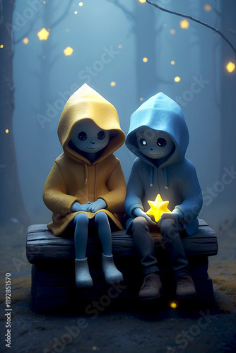 Two children creatures sitting in the forest at night, holding a star.