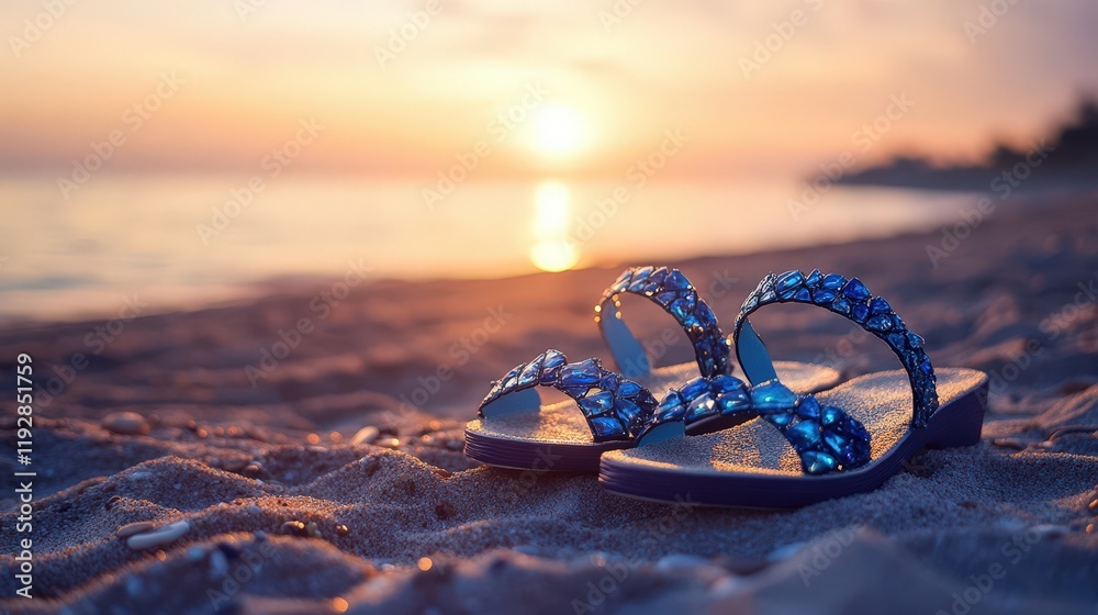 Blue jeweled sandals rest on beach sand at sunset Blue jeweled sandals rest on beach sand at sunset