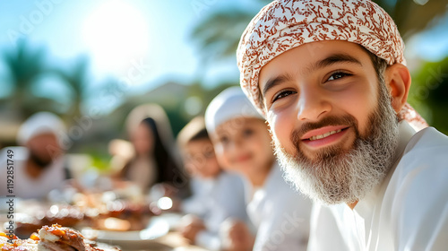 Happy boy in traditional clothing smiles at camera during family outdoor meal. Sunny day, Middle Eastern setting. Ideal for Eid, family, celebration, culture, heritage themes photo