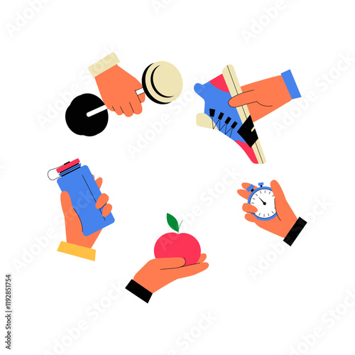 Fitness Essentials With Hands Holding Water Bottle, Stopwatch, Apple, And Dumbbell In Flat Vector Illustration Symbolizing Health And Exercise, Isolated On White Background