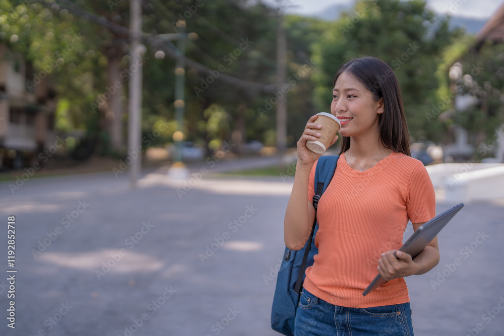 Happy and beautiful asian student is sipping from a takeaway coffee cup and holding a tablet while walking on a university campus during a break Happy and beautiful asian student is sipping from a takeaway coffee cup and holding a tablet while walking on a university campus during a break