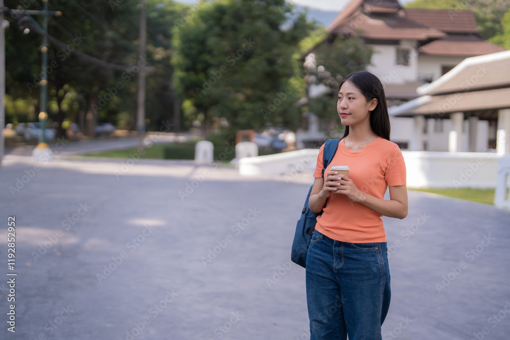 Portrait of a beautiful young asian student walking in university campus holding a coffee cup and carrying a backpack, enjoying her free time during a break between classes Portrait of a beautiful young asian student walking in university campus holding a coffee cup and carrying a backpack, enjoying her free time during a break between classes