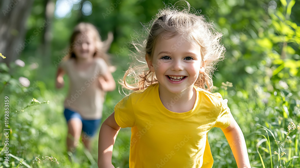 Happy girls playing in a sunny forest, one in focus running towards the camera, the other blurred in the background. Ideal for children's products, family blogs, and outdoor activity advertising Happy girls playing in a sunny forest, one in focus running towards the camera, the other blurred in the background. Ideal for children's products, family blogs, and outdoor activity advertising