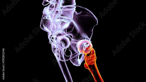 Intertrochanteric fracture of the right femur, 3D animation of pelvic bones rotating 360 degrees in colorful X-ray style, with the right femur in orange and other bones in purple.
