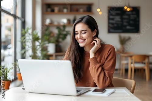 Woman smiling while working with laptop in a cafe