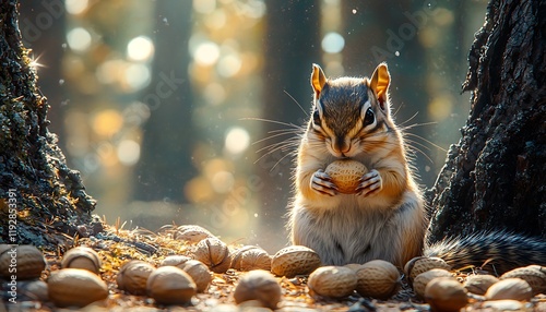 Chipmunks gathering nuts beneath tall trees.