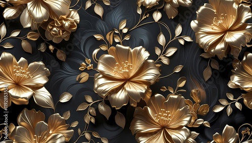 Elegant Golden Floral Wallpaper with 3D Metallic Accents