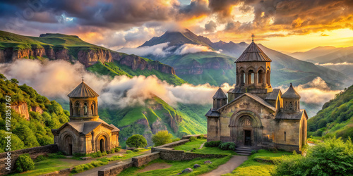 Majestic ancient stone architecture in vibrant landscape, Kapan, Armenia. Surrounded by lush greenery and mountains, this serene scene captures beauty of nature and history photo