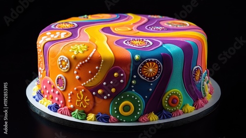 A vibrant birthday cake with intricate rainbow icing patterns and colorful fondant decorations, ideal for celebrations