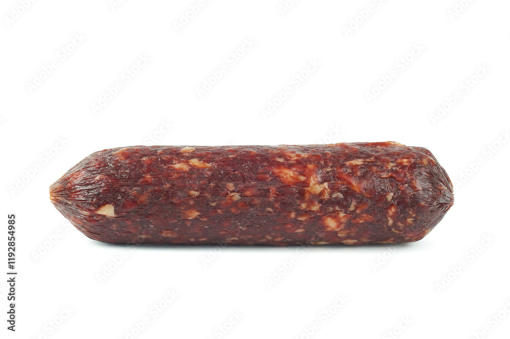 Piece of salami smoked sausage, isolated on white background Piece of salami smoked sausage, isolated on white background