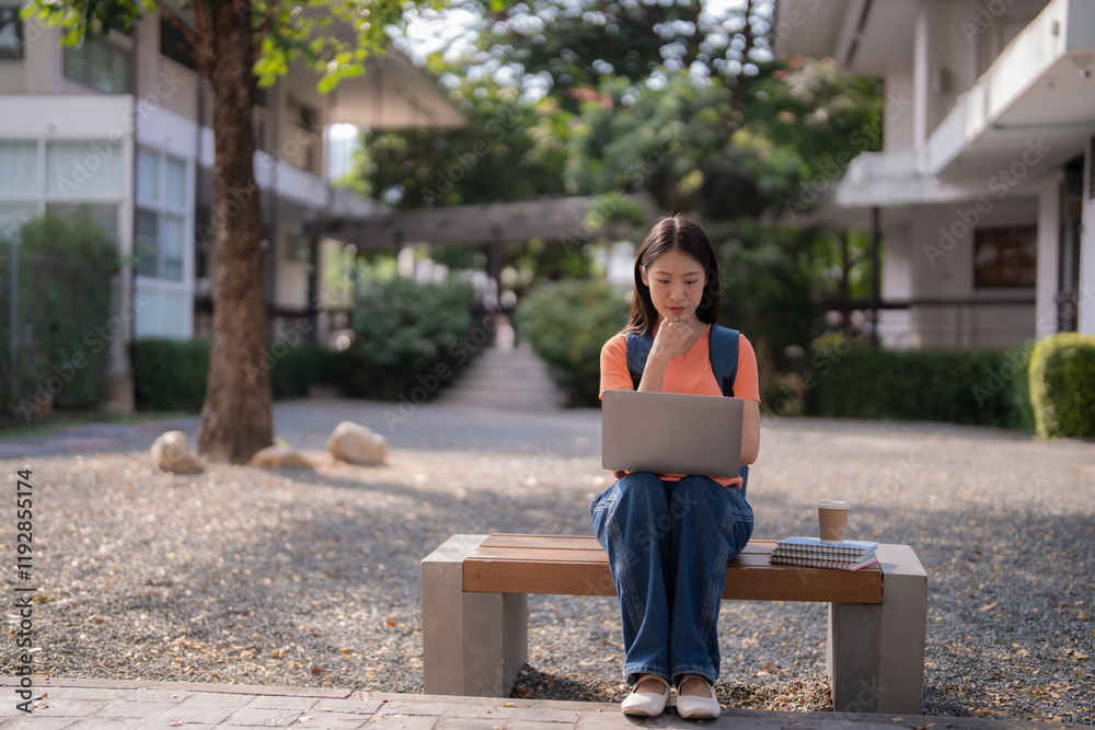 Fototapeta premium Concentrated young Asian female university student wearing backpack using laptop and thinking about project while sitting on bench at campus during break