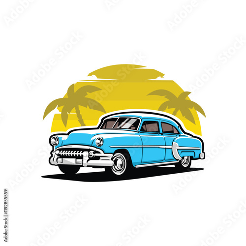 Classic Retro Vintage Car in Beach Vector Art Illustration Isolated. Best for Classic Car Club Tshirt Design