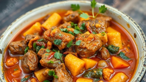 A close-up shot of a bowl filled with vibrant-colored curry and a variety of traditional ingredients, such as spices, herbs, vegetables, and meat, ingredients, traditional, meat photo