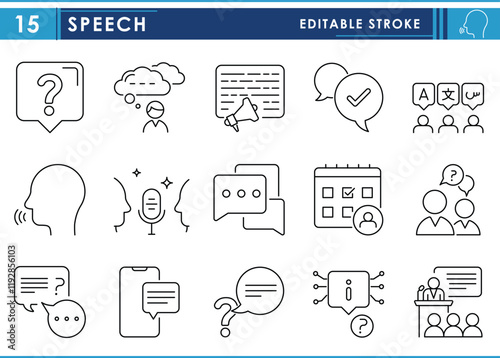 A set of line icons related to Speech. Talk, podcast, meeting, question and answer, scheduled, seminar, languages, speech bubble, and so on. Vector editable stroke.