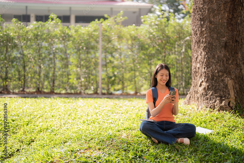 Young Asian woman using mobile phone while sitting with crossed legs under tree on green lawn of university campus, enjoying break between classes on sunny day Young Asian woman using mobile phone while sitting with crossed legs under tree on green lawn of university campus, enjoying break between classes on sunny day