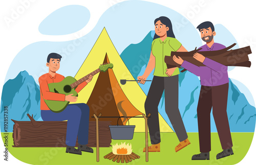 Embrace the spirit of adventure and teamwork with this camping illustration. It captures the essence of bonding over a campfire in nature, perfect for outdoor team-building events.