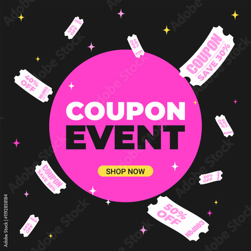 Coupon event square Banner in flat style. Flying Coupons. Vector illustration for social media post.