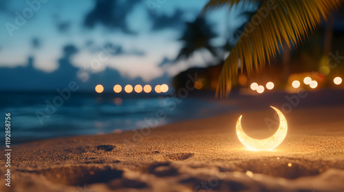 Illuminated crescent moon on tropical beach at dusk; resort lights blur in background; ideal for Ramadan, travel, or relaxation themes photo