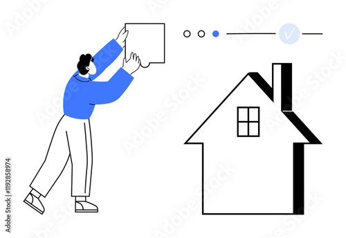 Person carrying box towards house with progress bar and checkmark symbolizing completion. Ideal for real estate, moving, project management, home ownership, task completion, goal setting
