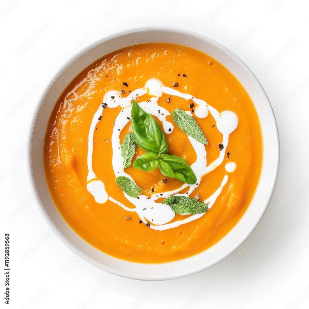 A bowl of creamy carrot ginger soup with a drizzle of coconut milk, isolated white background, minimalist art style A bowl of creamy carrot ginger soup with a drizzle of coconut milk, isolated white background, minimalist art style